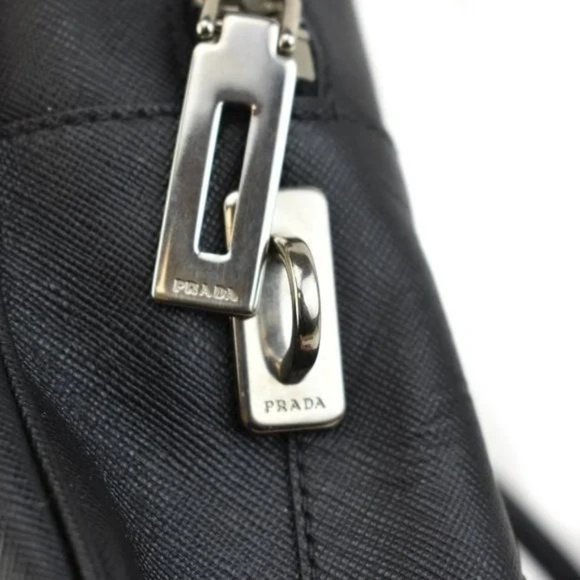 PRADA: Black, Saffiano Leather & Silver Logo Tote Bag - Picture 2 of 12